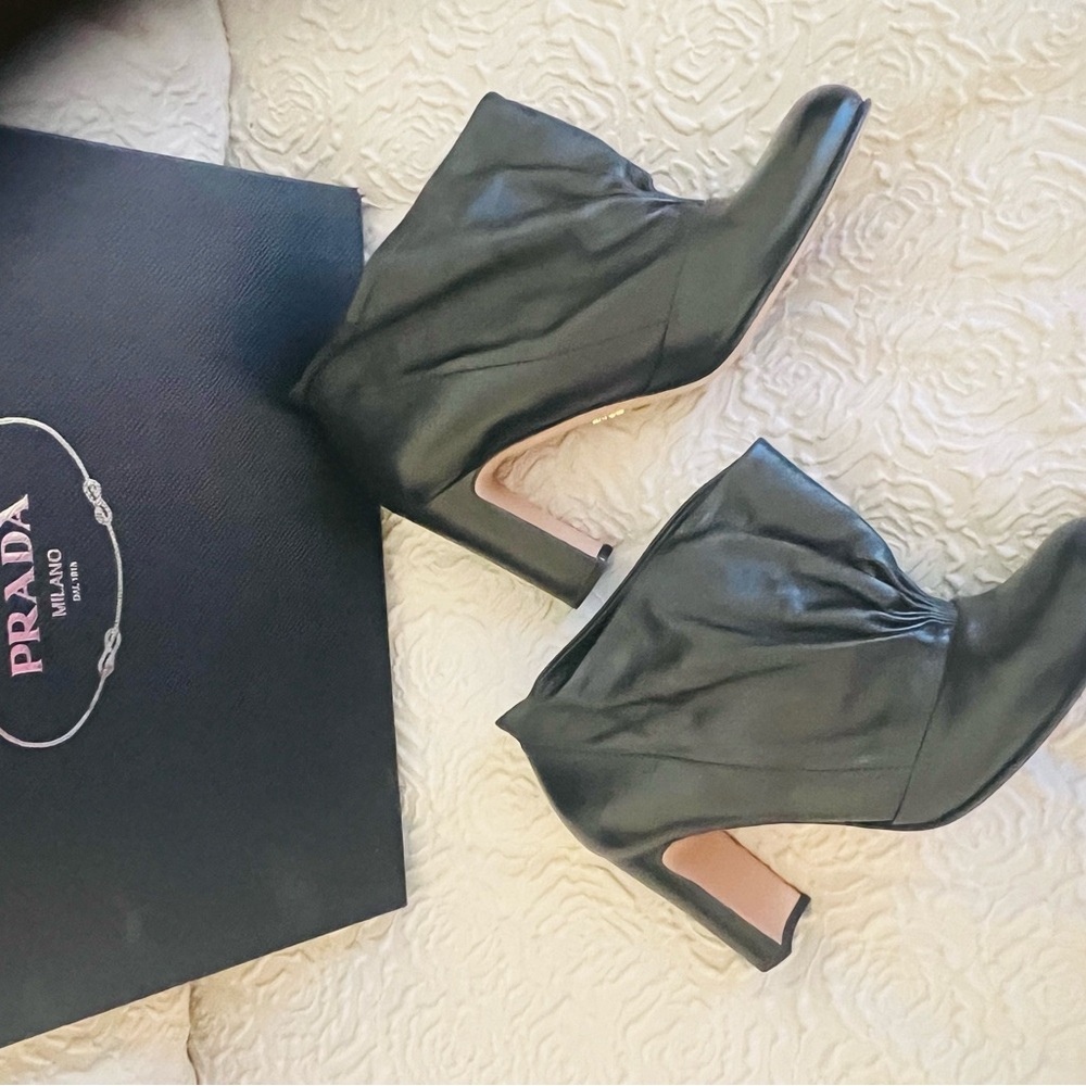 ✅Prada Black Leather Draped Ankle Booties. European size 37.5 =7.5 US size) - Picture 6 of 15